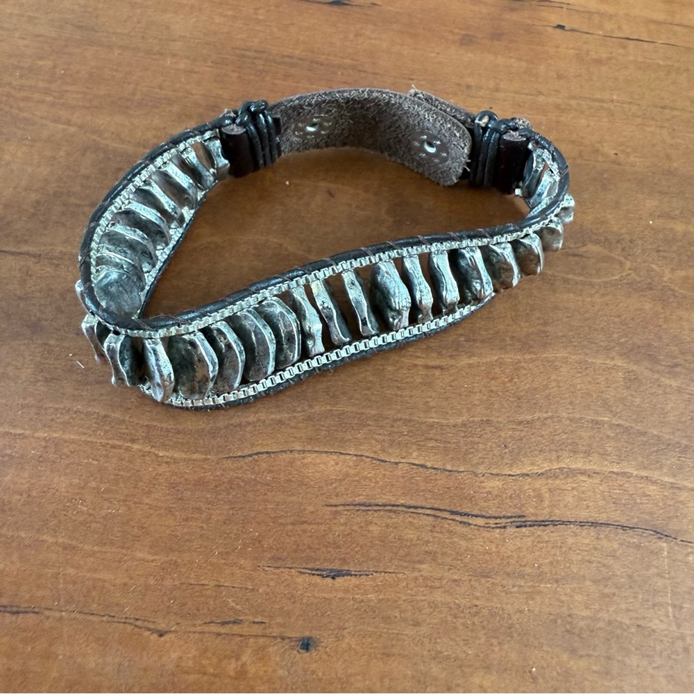 Silver and Brown leather Bracelet snap beaded bracelet unisex - Picture 2 of 7